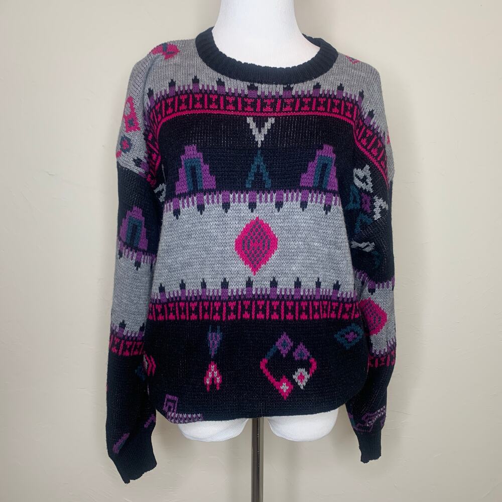 Vintage 80s Sweater Multicolor Large Black Pink